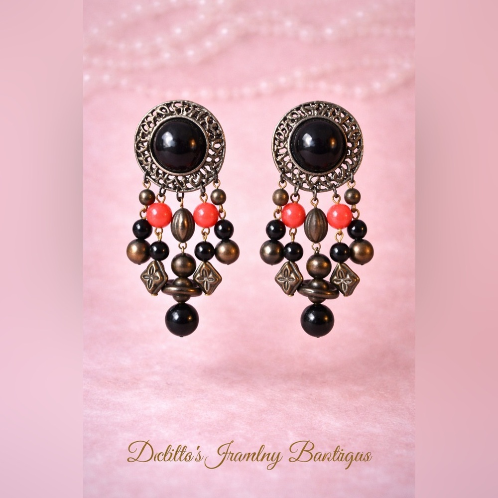 Boho Beaded Chandelier Earrings | Coral Black Bronze Tone | 3” Drop Statement